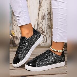 Black Sequin Lace Up Women's Sneakers